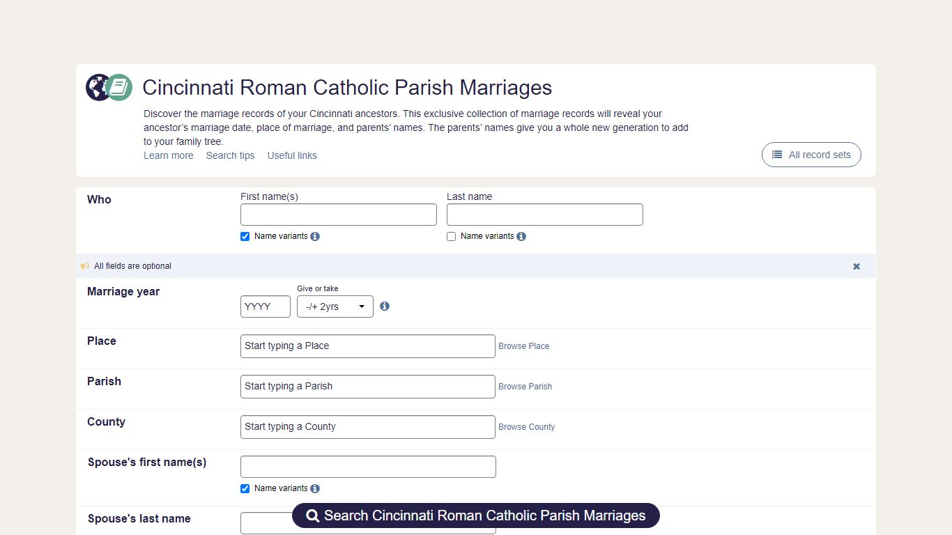 Cincinnati Roman Catholic Parish Marriages | findmypast.com